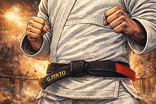 A jiu-jitsu practitioner wearing a white gi and a black belt; the left black belt tip shows “G. PINTO” while the red tip appears on the right. Image generated by AI.