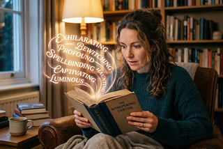a woman reading a book with awe-inspiring words coming out of it