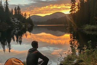 Man enjoys sunrise while camping along a lake.