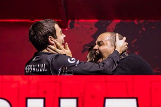 TSM Coach Raven and IGL Imperial Hal celebrate after winning the ALGS Split 1 Playoffs in London