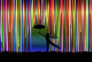 A silhouette of a person dancing in rainbow rain, holding an umbrella at arms length, not over their head.
