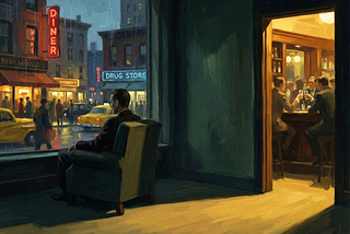 Figure watching a moment unfold elsewhere, evening light, muted interior