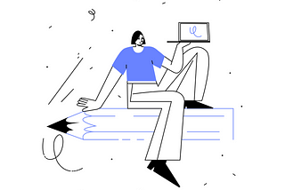 Drawing of a person holidng a laptop while sitting on a gigant pencil.