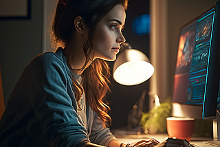 woman on her computer in an evening, backlit, side profile. She looks like a happy, content blogger.