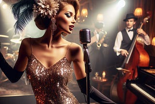 A beautiful 1920s styled singer with feathers in her hair, singing into a microphone, with a bassist and saxophonist in the background.