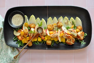 Fried Brie Cheese, Endive Salad with Shrimp and Mango