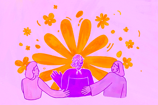 A purple and orange illustration of three people. The person in the middle is a deeper shade of purple, she is speaking and behind her is a large orange flower. To either of her sides are people supporting her.