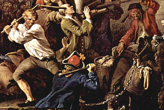 Men fighting with clubs. Detail from Humours of an Election, William Hogarth, 1754. Wikimedia Commons