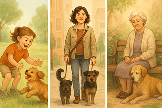 Three panels depicting life stages (child, adult, senior) with accompanying dogs.
