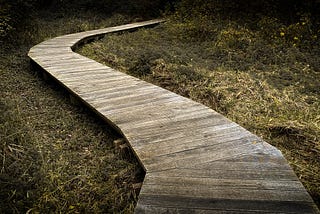 A tinted, manipulated photograph of a wooden boardwalk curving over marshy ground.
