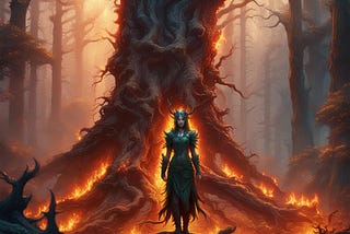 A Dryad standing in front of the Great tree that is on fire