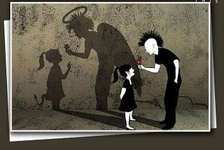 A guy giving flower to a child. Their shadows show that the man is an angel while the child a devil.