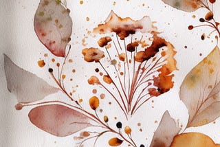 watercolor of flowers and leaves in muted whites, reds, oranges and yellows