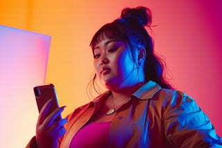 Unsmiling Asian woman looks at her phone with a colorful background