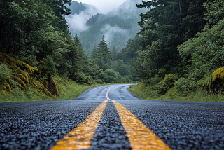 A beautiful view of road surrounded by mountains and trees.