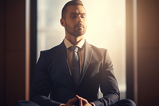 An image showing a serene meditation setting in a corporate environment