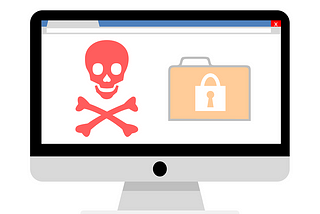 A picture of a computer screen with a skull and crossbones next to a file folder. The picture is meant to depict ransomware.