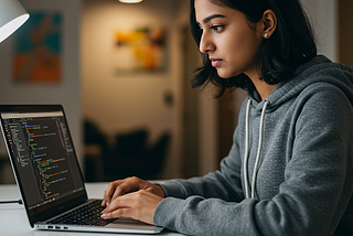 A young Indian woman, wearing a hoodie, is typing on a keyboard with Python code visible on the screen.