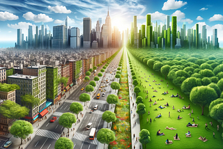 A digital artwork depicting a split cityscape, with one side showing a traditional urban environment bustling with buildings, vehicles, and pedestrians, and the other side transformed into a lush green park with extensive tree cover and people relaxing on the grass, symbolizing a contrast between urban development and nature.