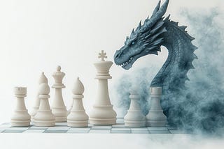 Ai-generated image of a dragon overlooking a gameboard with white chess pieces.