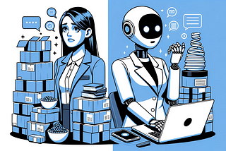 “A split illustration depicting a transformation in a female marketer’s experience. On the left, she appears stressed, surrounded by stacks of blue products awaiting descriptions. On the right, she looks content and relieved as a modern white AI robot beside her efficiently types away, generating the product descriptions.”