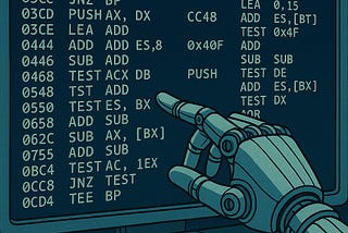 IMAGE: A robotic hand is writing on a computer screen filled with dense, low-level assembly code composed of cryptic instructions and hexadecimal values