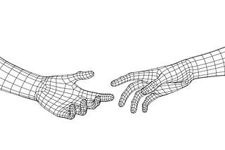 Two volumetric polygonal 3D hands drawn in black wires against a white background.