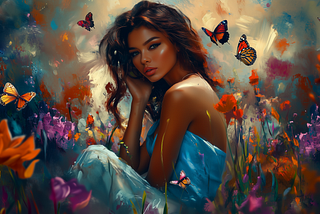 Woman in a field of flowers, surrounded by butterflies, reflecting on inner peace.