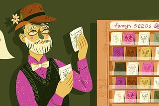 Illustration of a dapper man with a beard looking over two seed packets. There’s a display next to him with many seed packets and he has a speech bubble with a question mark.