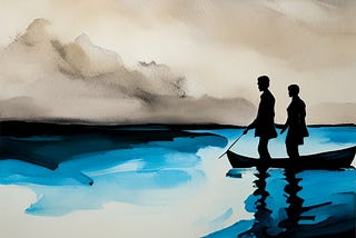 Two men stand in a canoe looking out over blue and black water.