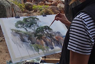Landscape watercolour artist, trees, hill, Western Australia native bush