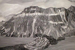 A monocromatic paintning of Vimy Peak, Alta by the author.
