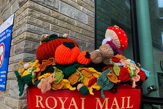 The post box outside my local hospital has been graced with leaves, pumpkins, colourful toadstools…