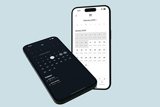 MijickCalendarView UI example on 2 iPhones implemented  with SwiftUI framework