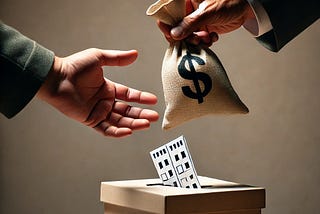 A hand offers a bag of money to another hand over a ballot box. Generated by DALL-E.
