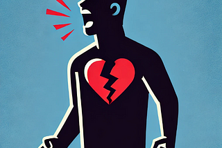 Cartoon silhouette of of a man yelling. Inside the silhouette of the man, there is a red heart that is shown as breaking. The image illustrates the idea of pain behind anger