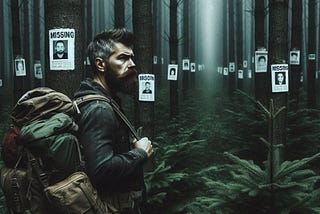 A bearded man in his 40s wearing a camping backpack stands amongst a dense, eerie forest. He stares at a line of pine trees with photo placards of missing persons. The mood is threatening, suspenseful and mysterious.