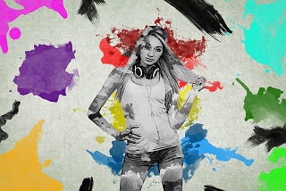 A pencil drawing of a teenage girl in a tanktop and jeans. Multicolored paint splotches cover and surround the whole drawing.