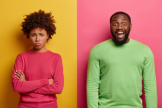 Facial reactions of an unhappy person on the left and a happy person on the right.