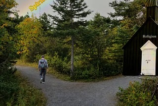 A composite image made from three images showing a man walking past a church in the woods on his way to finding his personal spirituality.