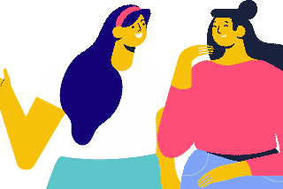 Modern illustration with bold bright colors that shows two happy women talking. © Oksana — stock.adobe.com