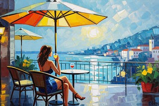 Image shows a painting-like image of a woman drinking a cocktail on a terrace, sitting under a parasol and drinking a cocktail.