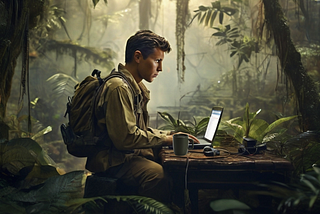 A man in khakis and a backpack is programming a computer in a jungle setting.