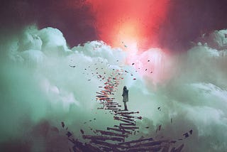 Young woman on broken stairs to the sky