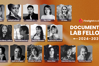 A composite image of black and white headshots of the 15 new Documentary Lab fellows against an orange and yellow gradient backdrop.