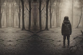 Lonely child in a dark forest.