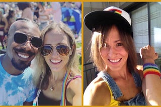 Split image with a gold border showing two Pride-themed photos. On the left, a smiling man and woman wearing sunglasses take a selfie at an outdoor Pride event, with a crowd and rainbow gear in the background. The woman has a rainbow strap over her shoulder. On the right, a woman with shoulder-length hair smiles and raises her arm proudly to show a rainbow wristband. She’s wearing a rainbow-trimmed hat, yellow top, and denim overalls, standing on a balcony in the sunlight.