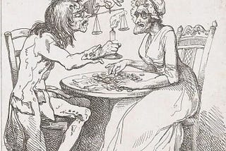 A pair of ugly lovers are counting coins in a satirical drawing by Thomas Rowlandson, dated 1797