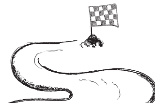 Ilustração monocromática, em preto e branco, contendo uma estrada com curvas. Seu ponto final é uma bandeira quadriculada.