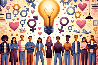 A picture of a diverse group of people holding hands. Behind them are assorted books, lights, light-bulbs and different gender symbols. Very wholesome.